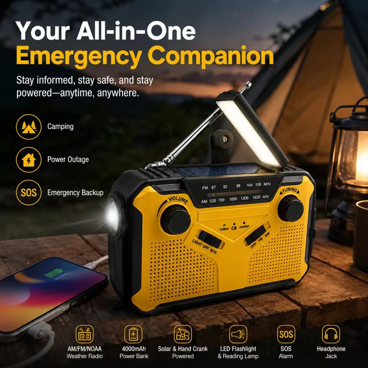 Emergency Radio Solar - Draagbare AM/FM-zonneradio met handdynamo, noodradio, 4000